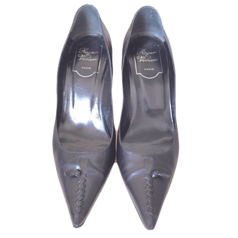 Vintage Roger Vivier Black Whipstitch Leather Pumps, Size 6.5